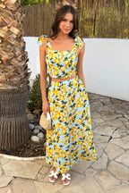 Top corto con estampado de limones y tirantes anudados en azul