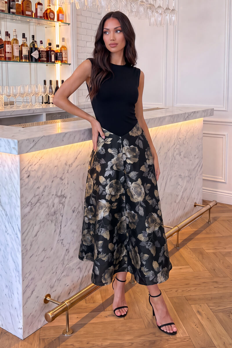 Vestido midi de jacquard floral con bolsillos