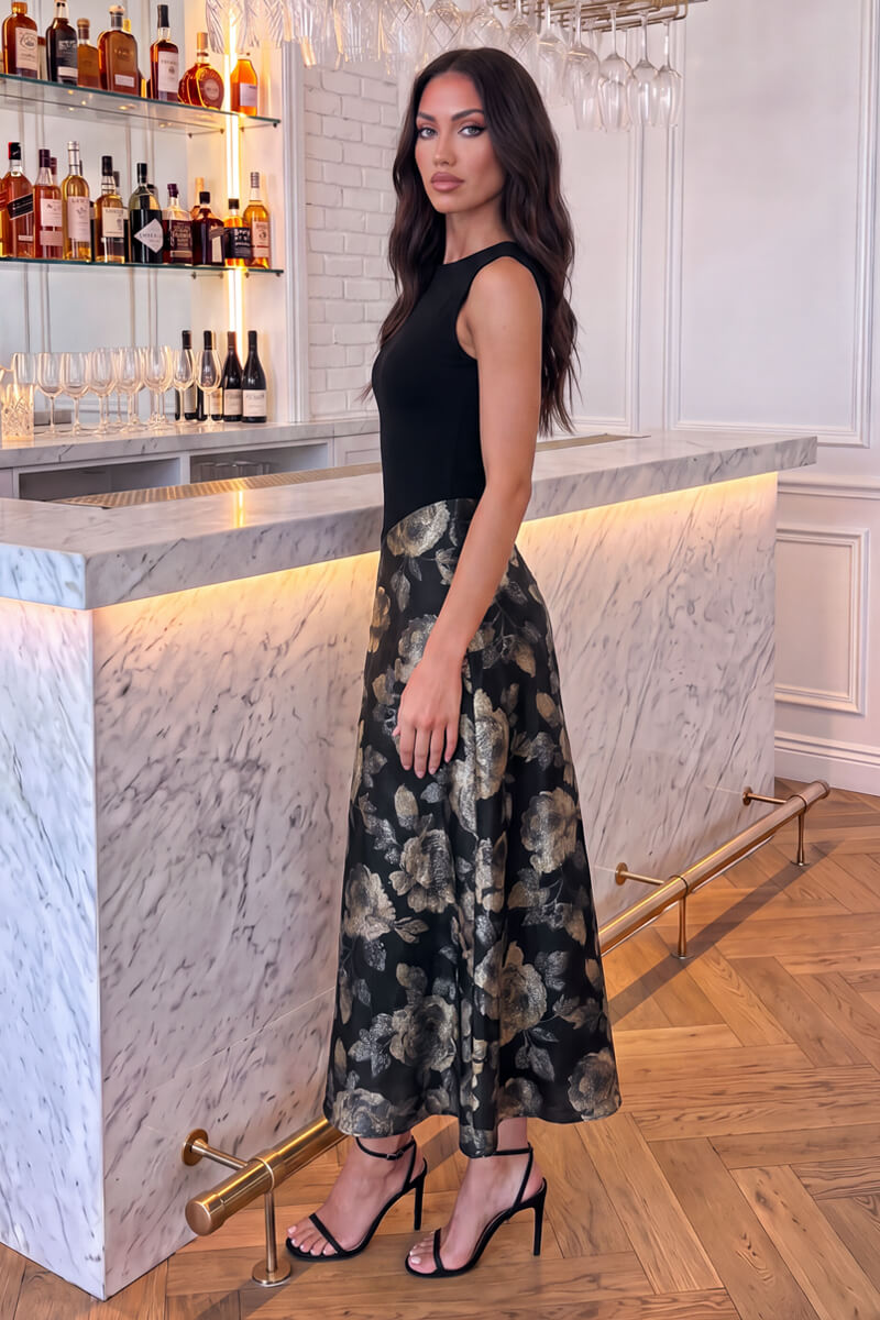Vestido midi de jacquard floral con bolsillos