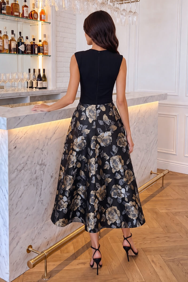 Vestido midi de jacquard floral con bolsillos