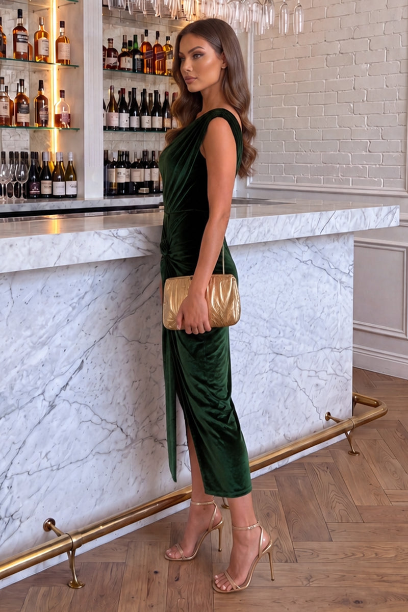 Vestido midi de terciopelo con nudo y hombros descubiertos