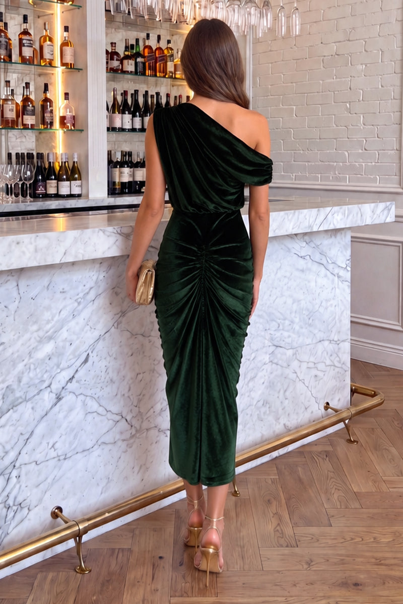 Vestido midi de terciopelo con nudo y hombros descubiertos
